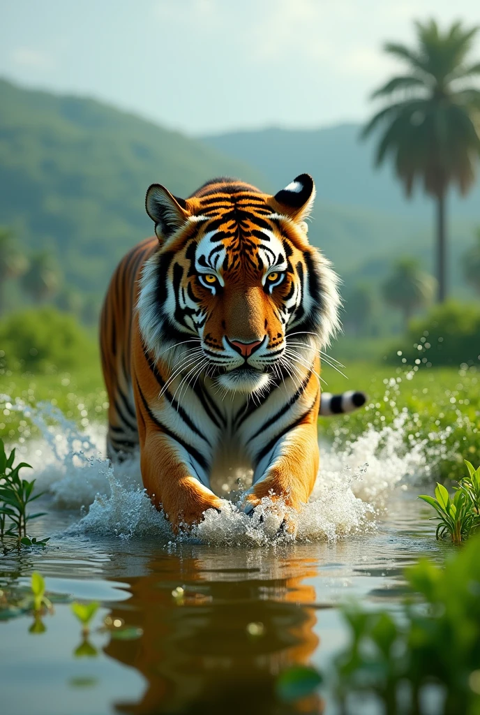 Tiger swiming in a fled in kerala