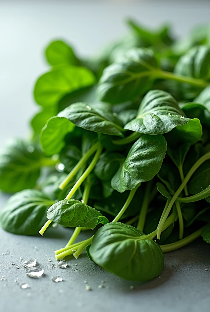 beautifully arranged spinach on a table,delicate stems with tender tips,crisp and fresh,artistic presentation,naturally vibrant colors,(best quality,4k,8k,highres,masterpiece:1.2),ultra-detailed,realistic:1.37,close-up details,textured green shoots,studio lighting,subtle shadows,aesthetic appeal,culinary inspiration,wholesome and healthy,