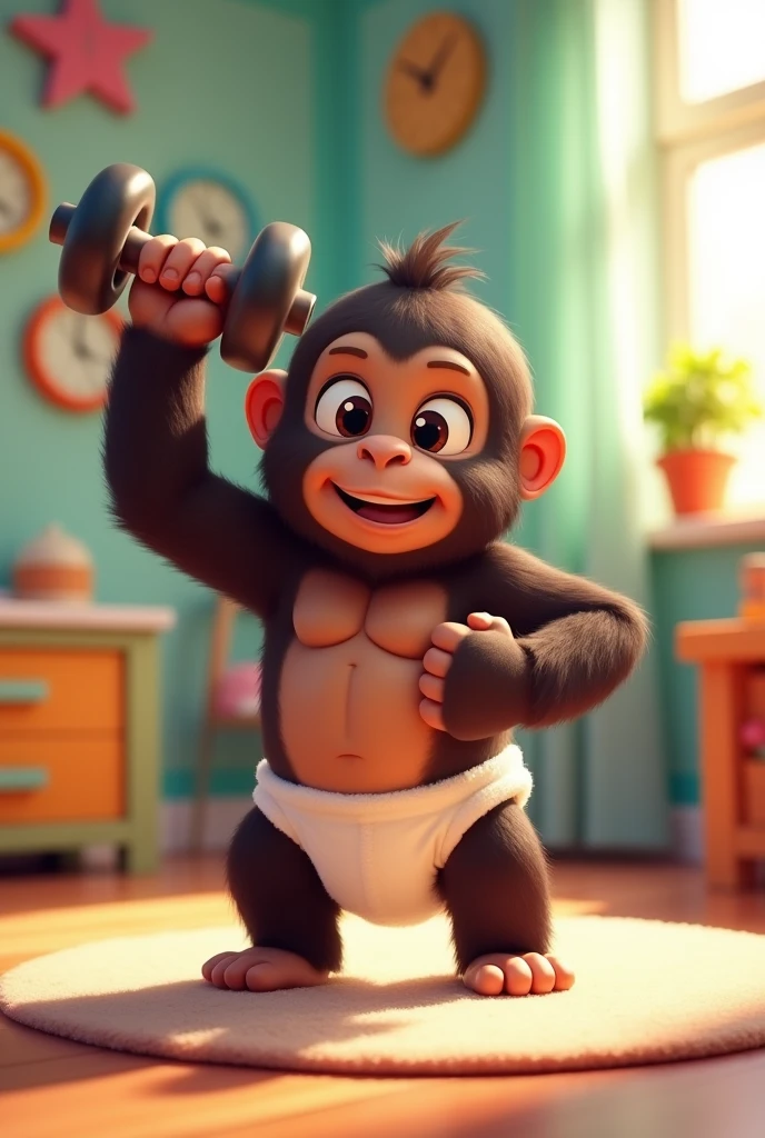 Animated cartoon looking baby gorilla in diaper with dumbbell 
