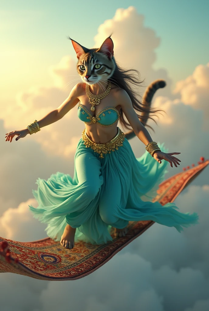 Stunning Princess Jasmine in cat form, photo in 8k, in action, cinematic, flying carpet, sky, radiant