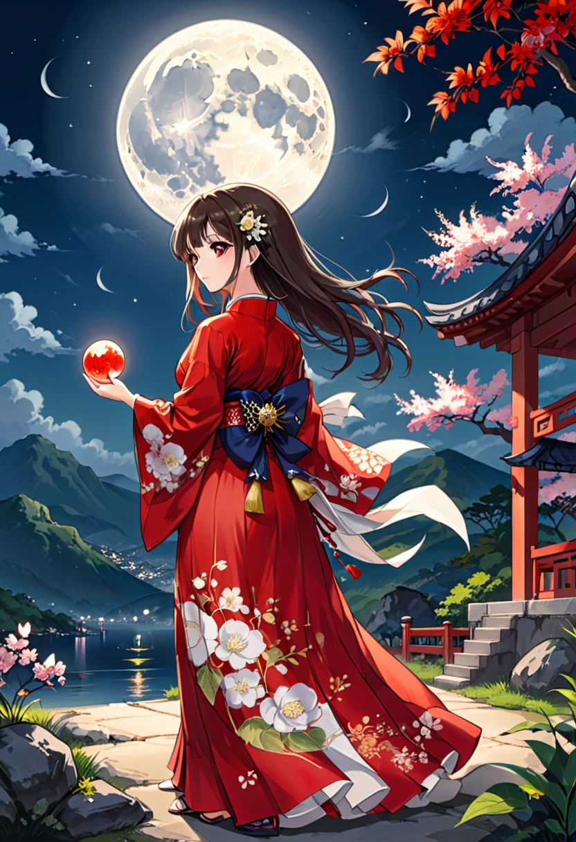 Cartoons of the 90s, One person, alone, dress, full moon, In the same way, In the same way スカート, kimono, moon, moonlight, Outdoor, red In the same way, (masterpiece, Highest quality, Professional, Perfect composition, so beautiful, Absurd, Very detailed, Intricate details:1.3)