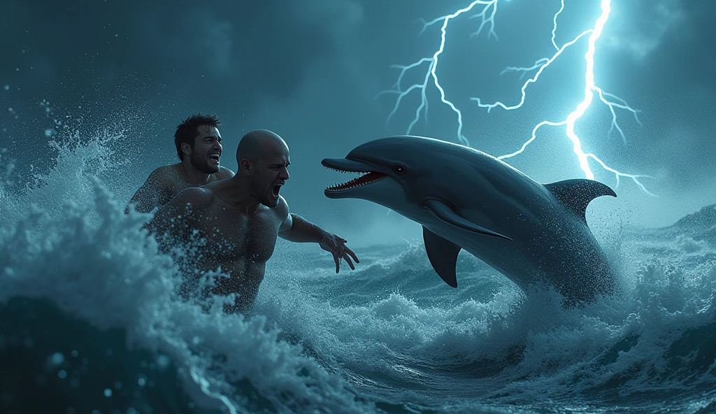 Dolphins and humans are fighting、Photorealistic、high resolution、Horror、Lightning in the background