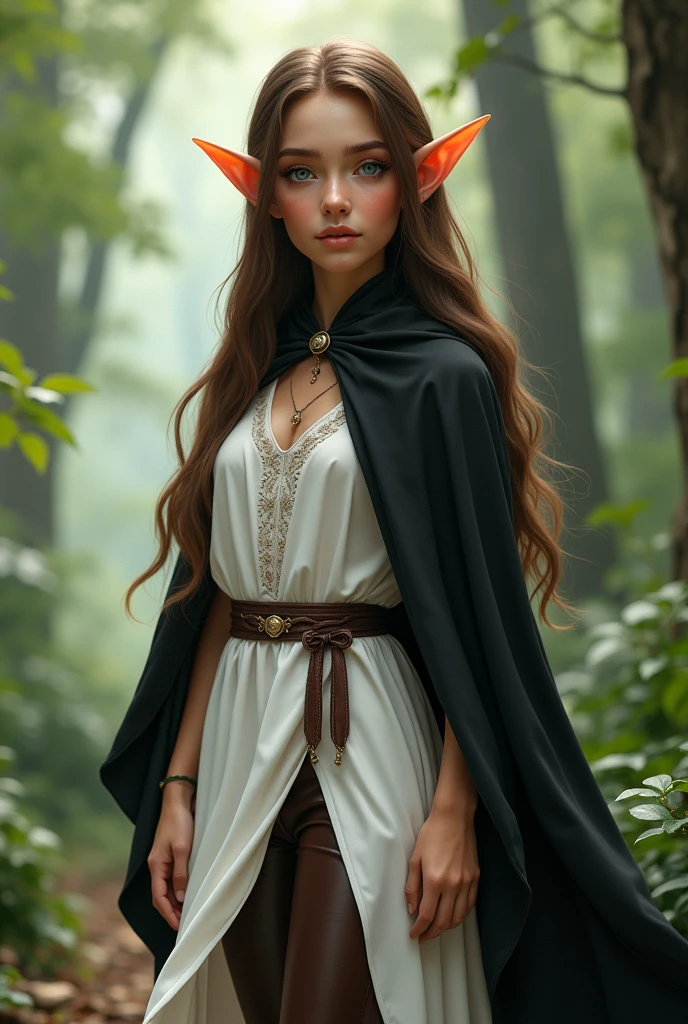 Sweet elf with brown long smooth hair. White dress. whole body. elf ears. young adult woman. black cape with white dress. in a forest. straight hair. Straight hair. pointed elf ears. white tunic with leather pants. to the power of eleven. Leder hose. Blue, gray eyes. Black cape. Leather pants. Baby face