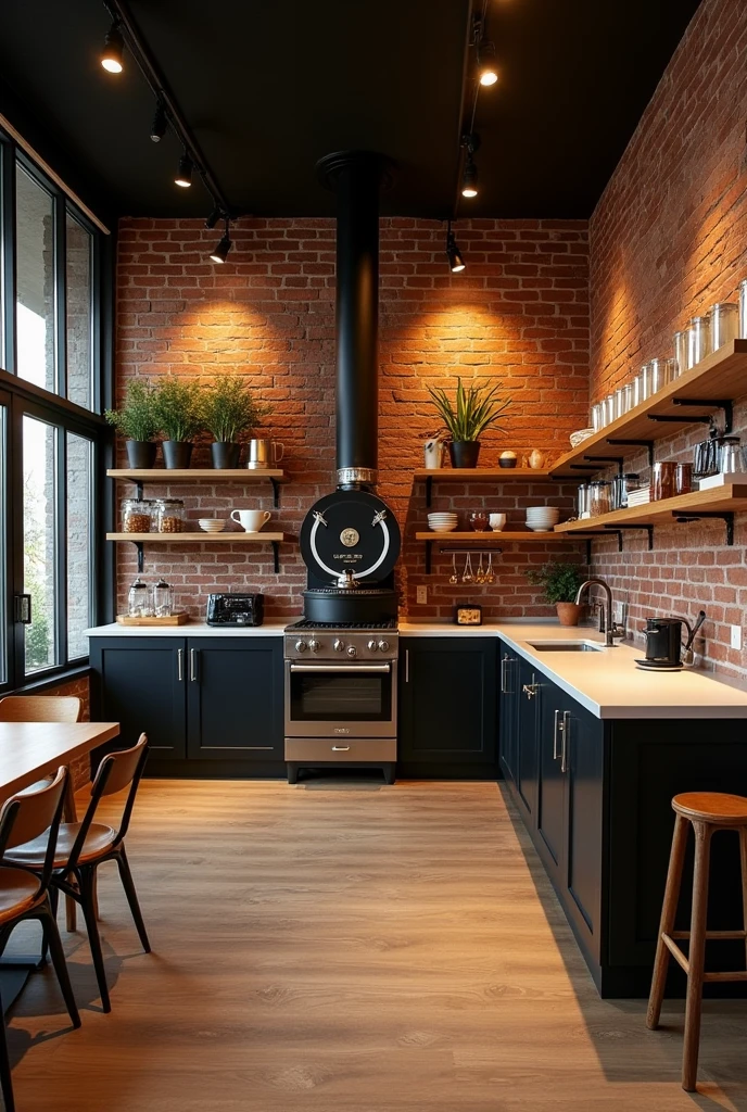 create a kitchen interior design that is mixed with a coffee shop and coffee roasting machine