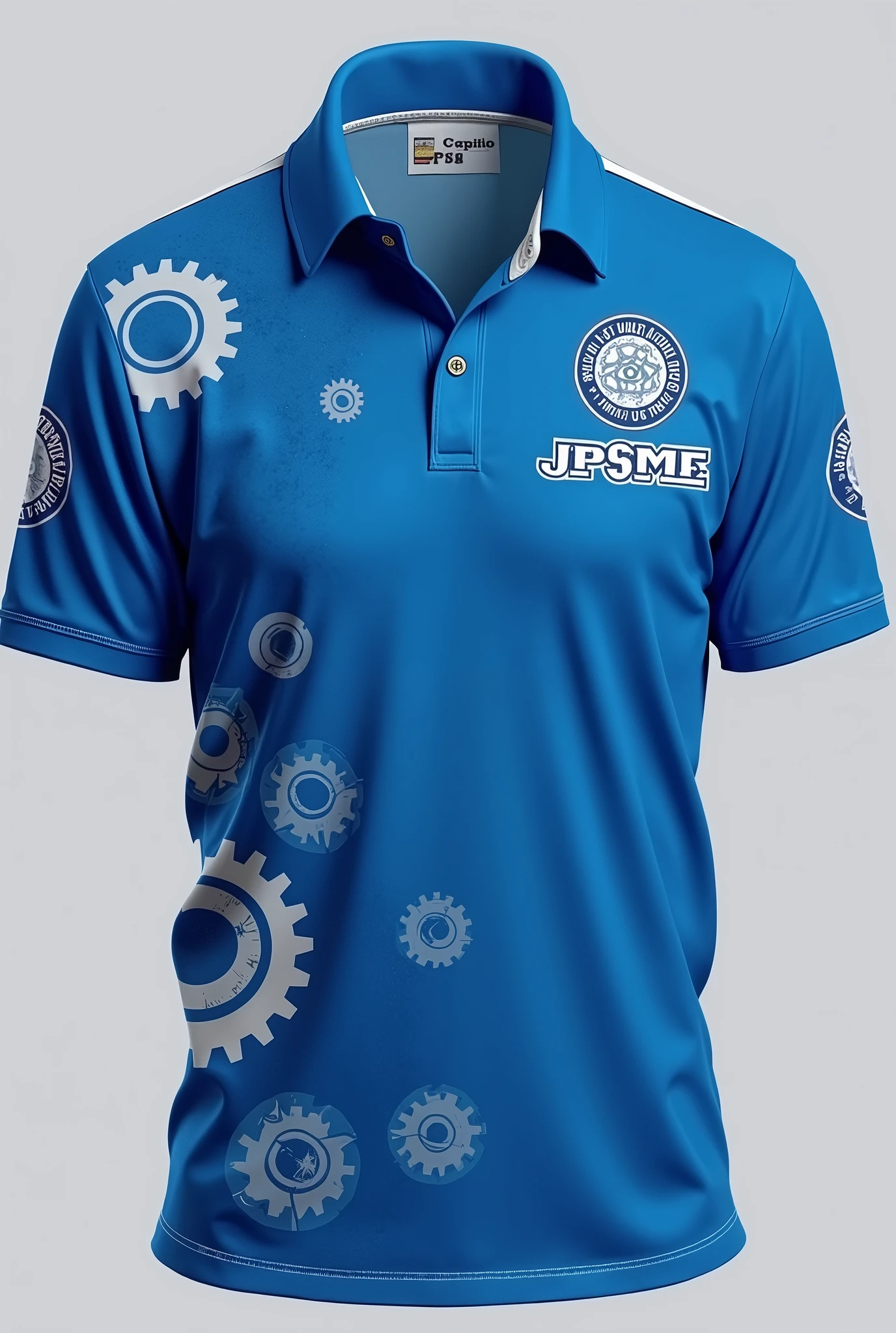 Make me a design of a poloshirt for mechanical engineering students with blue theme, right a caption at the back JUNIOR PHILIPPINE SOCEITY OF MECHANICAK ENGINEERS CAPITOL UNIVERSITY, put a family name as well and place it in a right place of the polo shirt, show the front, back and the side biews of the shirt, show the symbols as well
