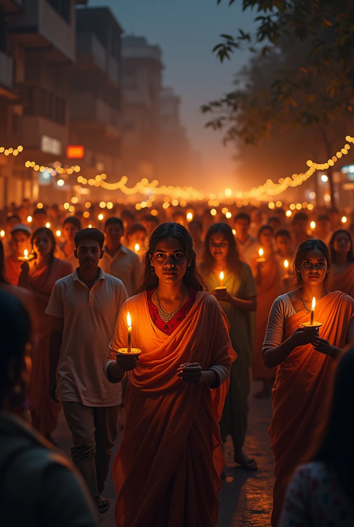 Indian bengali crowd are walking on road with candle in night
