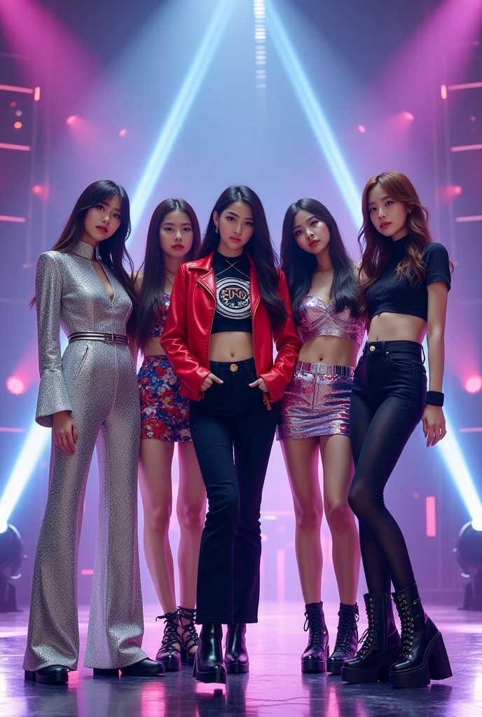 A k-pop girl group Starlight performing at The Show
- **Jisoo**: Retro-inspired silver jumpsuit with wide-leg pants and metallic belt.
- **Nari**: Bold red leather jacket with a graphic tee and black skinny jeans.
- **Soojin**: Galactic-themed, iridescent mini skirt with a matching crop top and ankle boots.
- **Mina**: Vibrant, multicolored sequin dress with a high neckline and platform shoes.
- **Yuna**: Sleek black jumpsuit with a high waist and cut-out details.