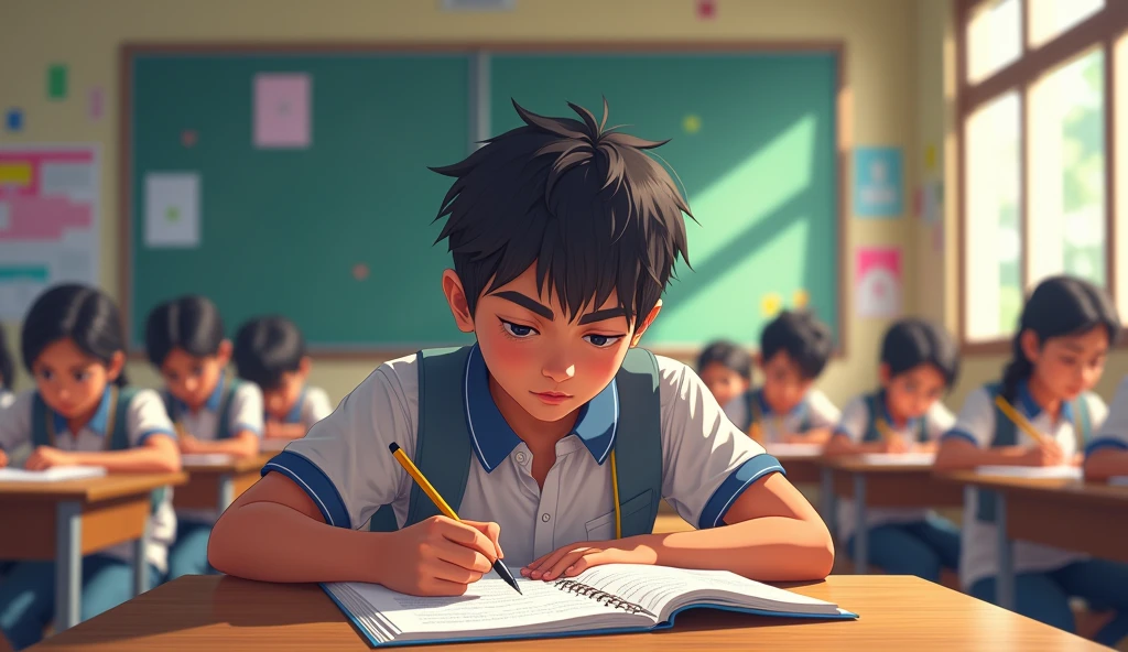 Ek Indian student hai jo exam paper padh raha hai class me peche 20 30 students bhi padh rahe hai in anime image creat Indian environment 