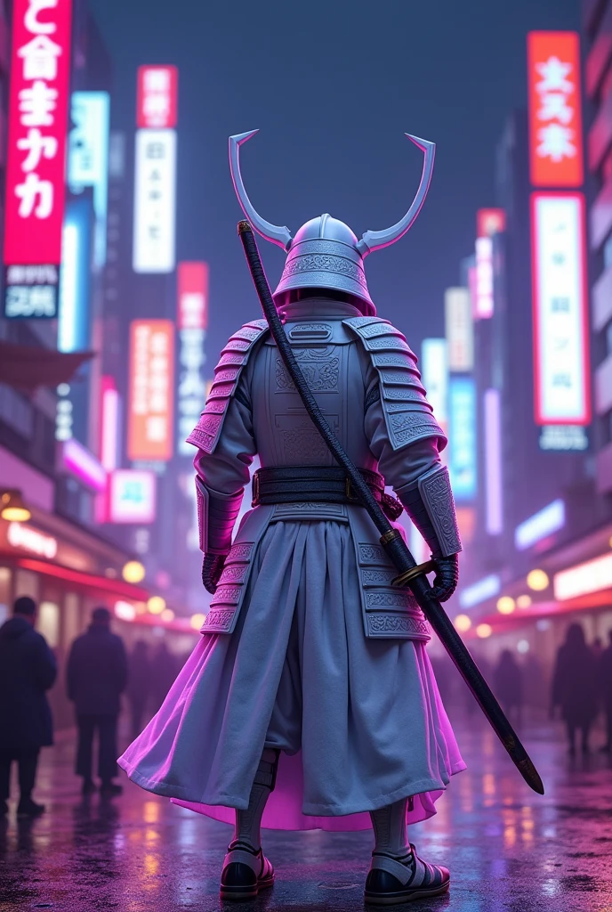 A samurai in white armor in Tokyo with purple cartoon-style lights