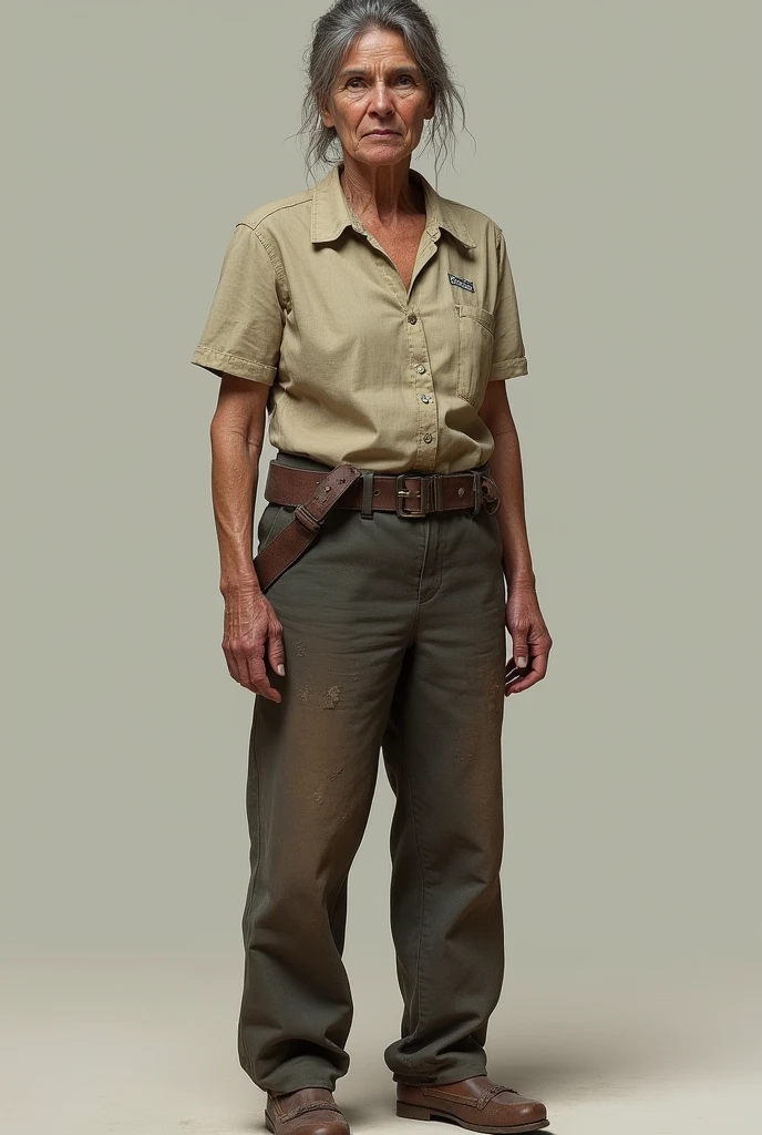 Woman in worn old work clothes
, with legs