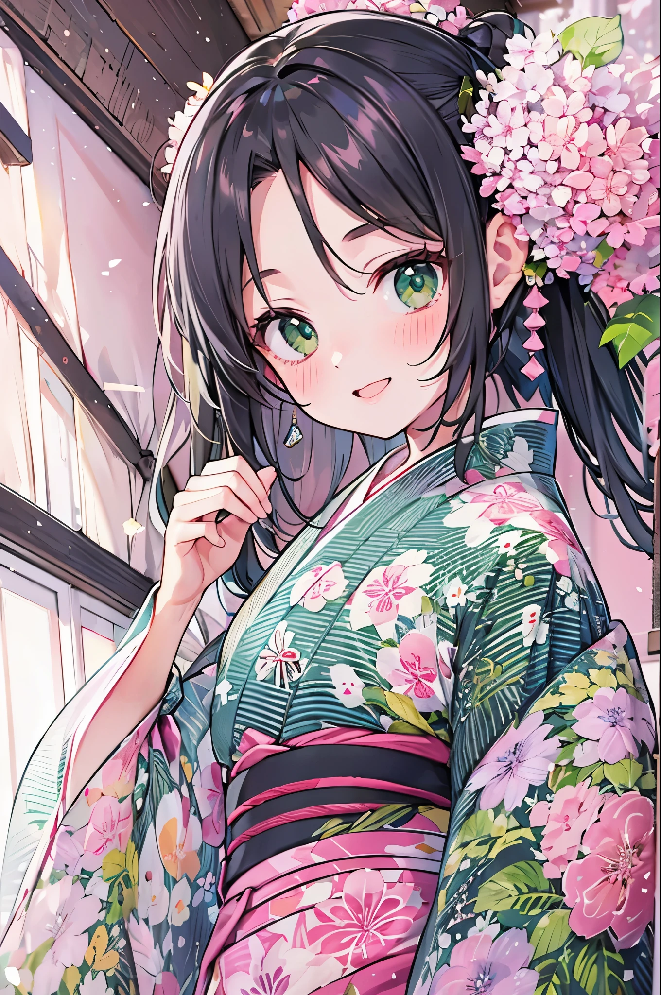 ((Highest quality, 8k, masterpiece: 1.3)), whole body,1 personの,1 person,,Glamorous Body,cute,smile,Black Hair,Beautiful emerald green eyes,long hair,((A pink yukata with a hydrangea pattern)),stand up,evening,Inside the room,
