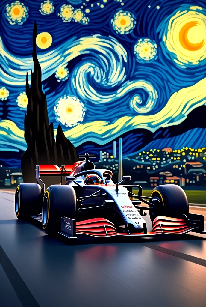 Background of famous painting stariy night with the F1 car in front