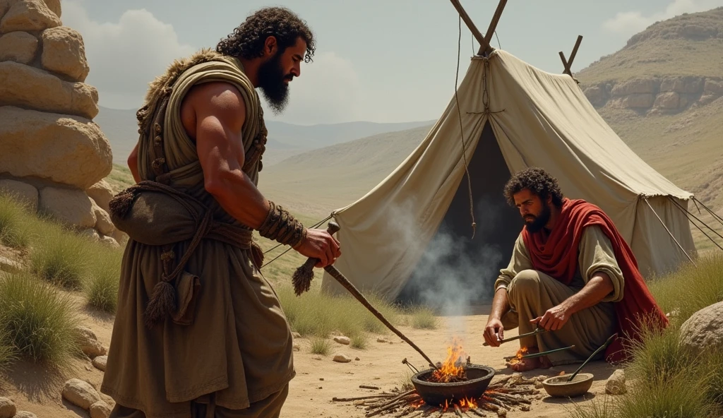 biblical history: There were two twin brothers, Esau who is red coming from hunting and Jacob cooking near the tent