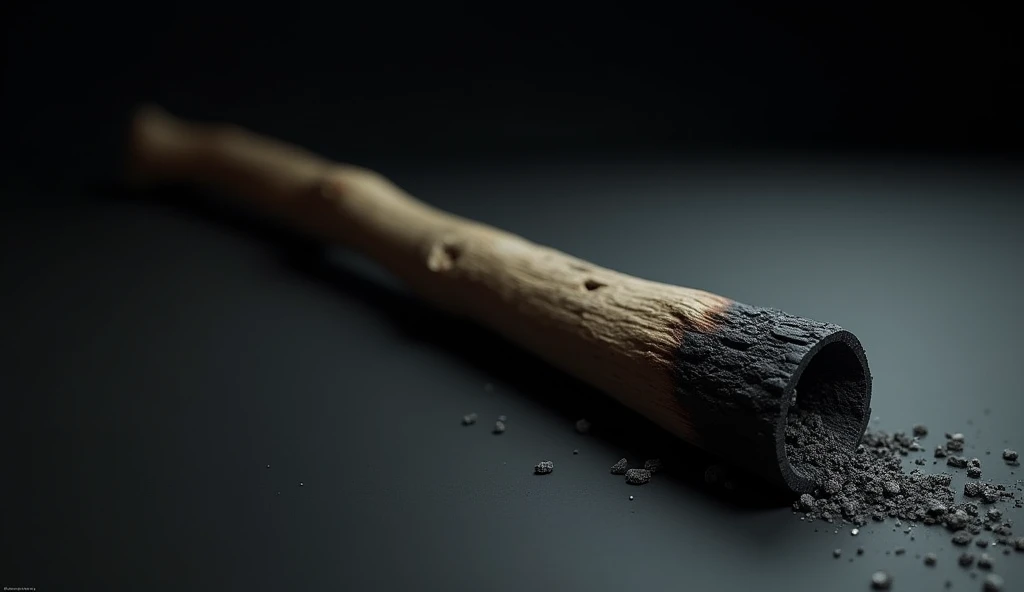 Create an image of a wooden stick lying on a dark, shadowy background. The stick has a natural, rough texture with visible grain and small knots. The tip of the stick is burnt, with charred, blackened wood, and ash clinging to it, but no fire or smoke remains. The contrast between the unburnt, lighter wood and the dark, burnt tip is stark. The background is a deep, nearly black shade, with subtle lighting that highlights the stick's texture and the transition from the unburnt to the burnt area, creating a slightly eerie yet tranquil atmosphere.