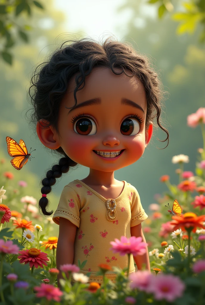 A realistic human ,ten years, kinda chubby, blackquality hair,
with braids, small chin, small eyes, Wear braces on your teeth, is in a very flowery garden with little animals