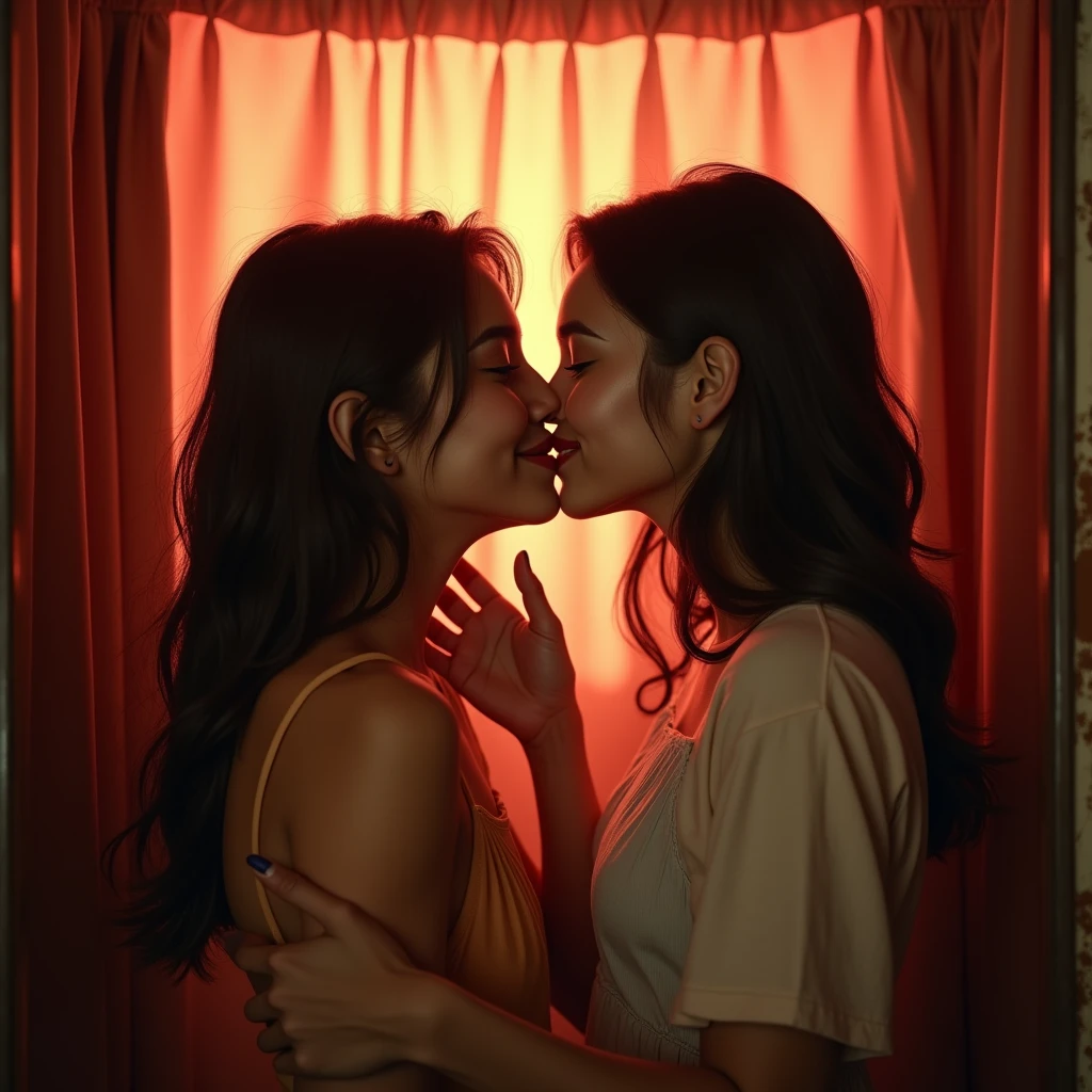 Girls taking kissing photos in a photo booth