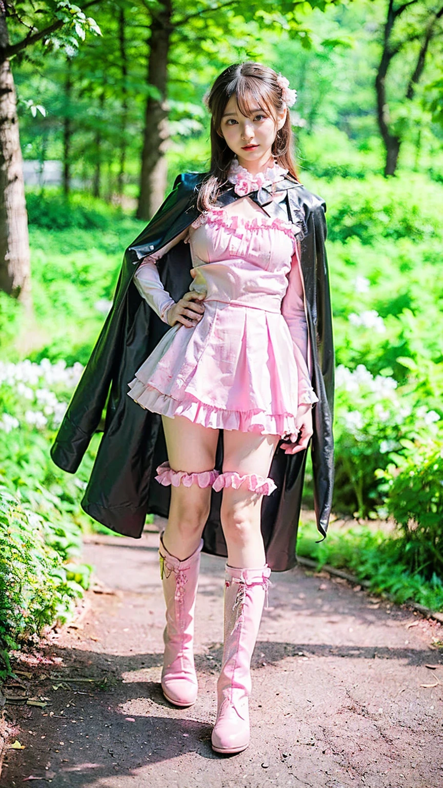 (8k、RAW Photos、Highest quality、masterpiece:1.2)、(Realistic、Realistic)、1 person、((Black and Pink、Frills、Cape、mini skirt、Thin legs、whole body、boots、View from the front、Looking into the camera、Stand with hands on hips))、cute