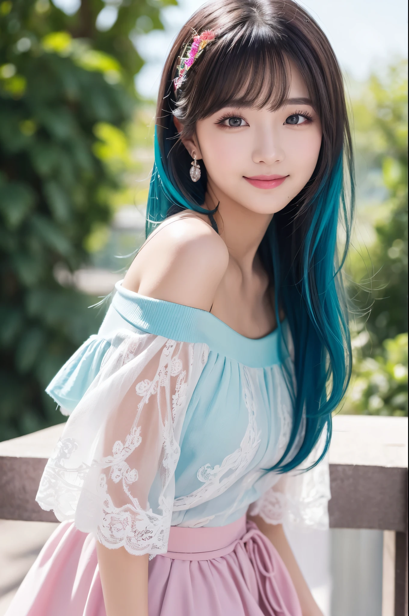 Various hair colors、Her colorful hair is tied up in a high-quality, real、High resolution, Realistic、8k、masterpiece, detailed.impressive, Cutting-edge female photography portraits,wearing a pastel pink off-shoulder blouse with ruffled sleeves and a white A-line mini skirt with lace trim,Soft look、smile、Looking at the camera、Facing forward、cyan, and purple, Her vibrant makeup really catches the eye..