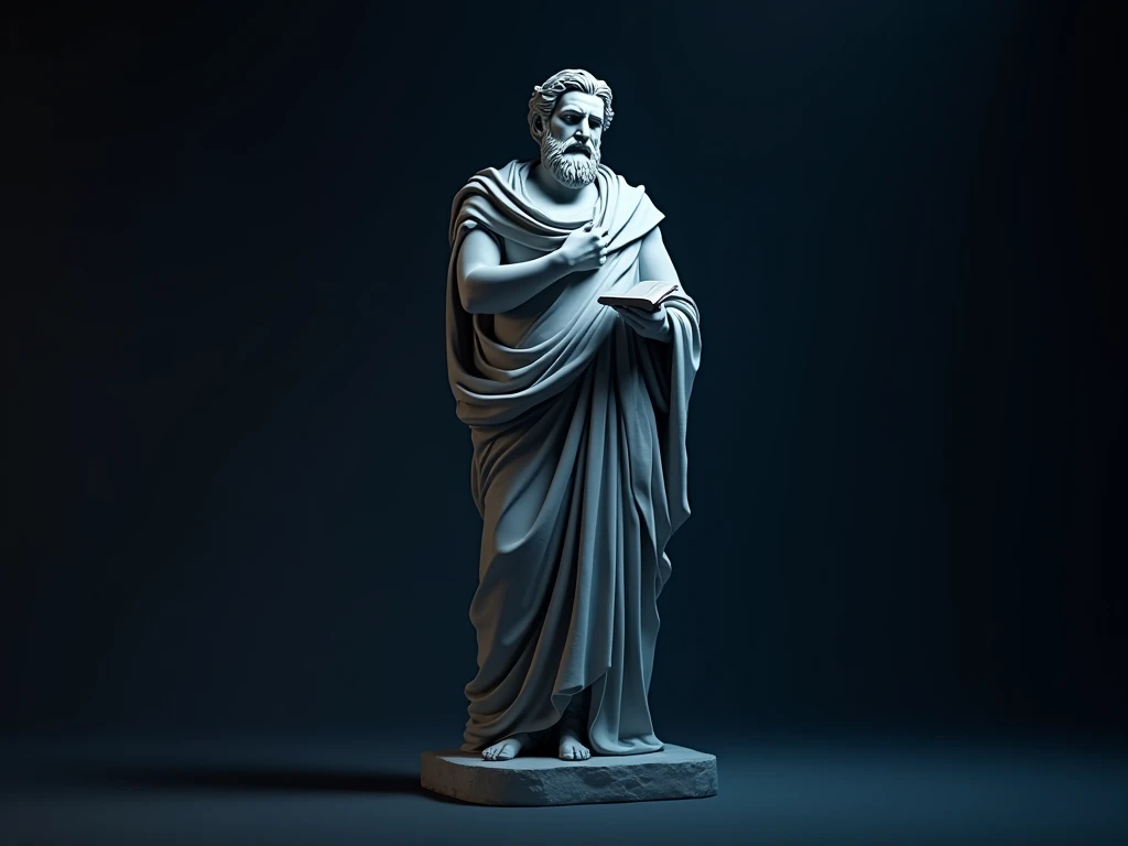 Statue of a Greek philosopher. with book in hand. Maximum quality, 8k, realistic. Dark neutral background, neon blue and black.