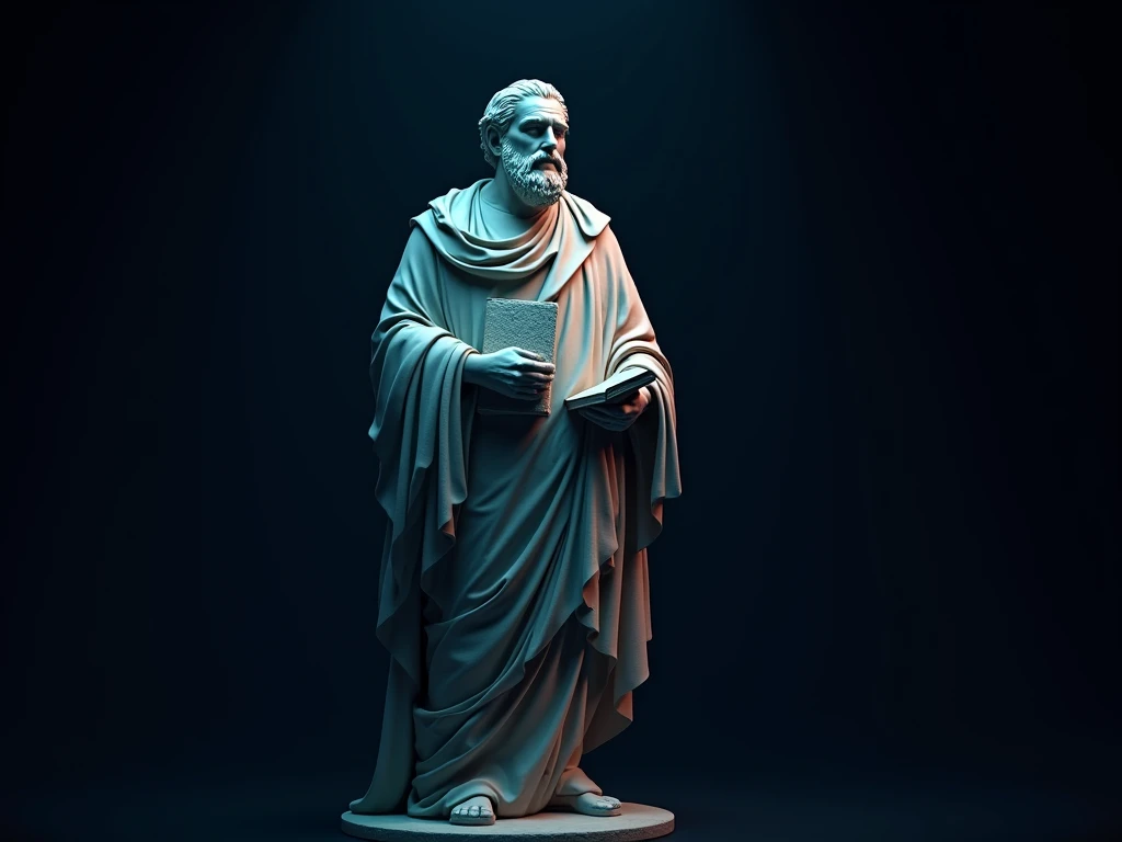 Statue of a Greek philosopher. with book in hand. Maximum quality, 8k, realistic. Dark neutral background, neon blue and black.