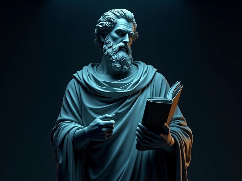 Statue of a Greek philosopher. with book in hand. Maximum quality, 8k, realistic. Dark neutral background, neon blue and black.