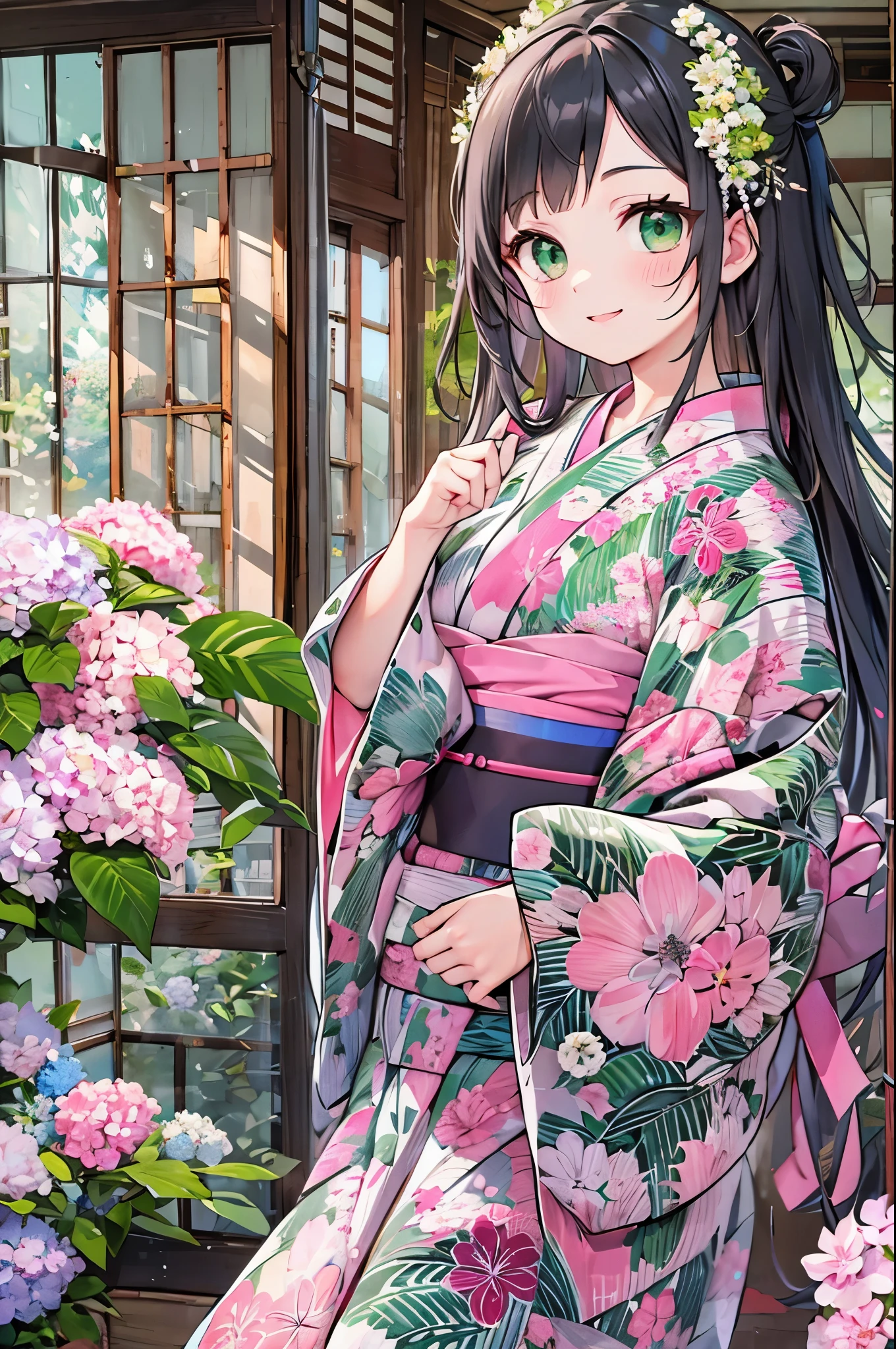 ((Highest quality, 8k, masterpiece: 1.3)), whole body,1 personの,1 person,,Glamorous Body,cute,smile,Black Hair,Beautiful emerald green eyes,long hair,((A pink yukata with a hydrangea pattern,Change of clothes,No band)),stand up,evening,Inside the room,