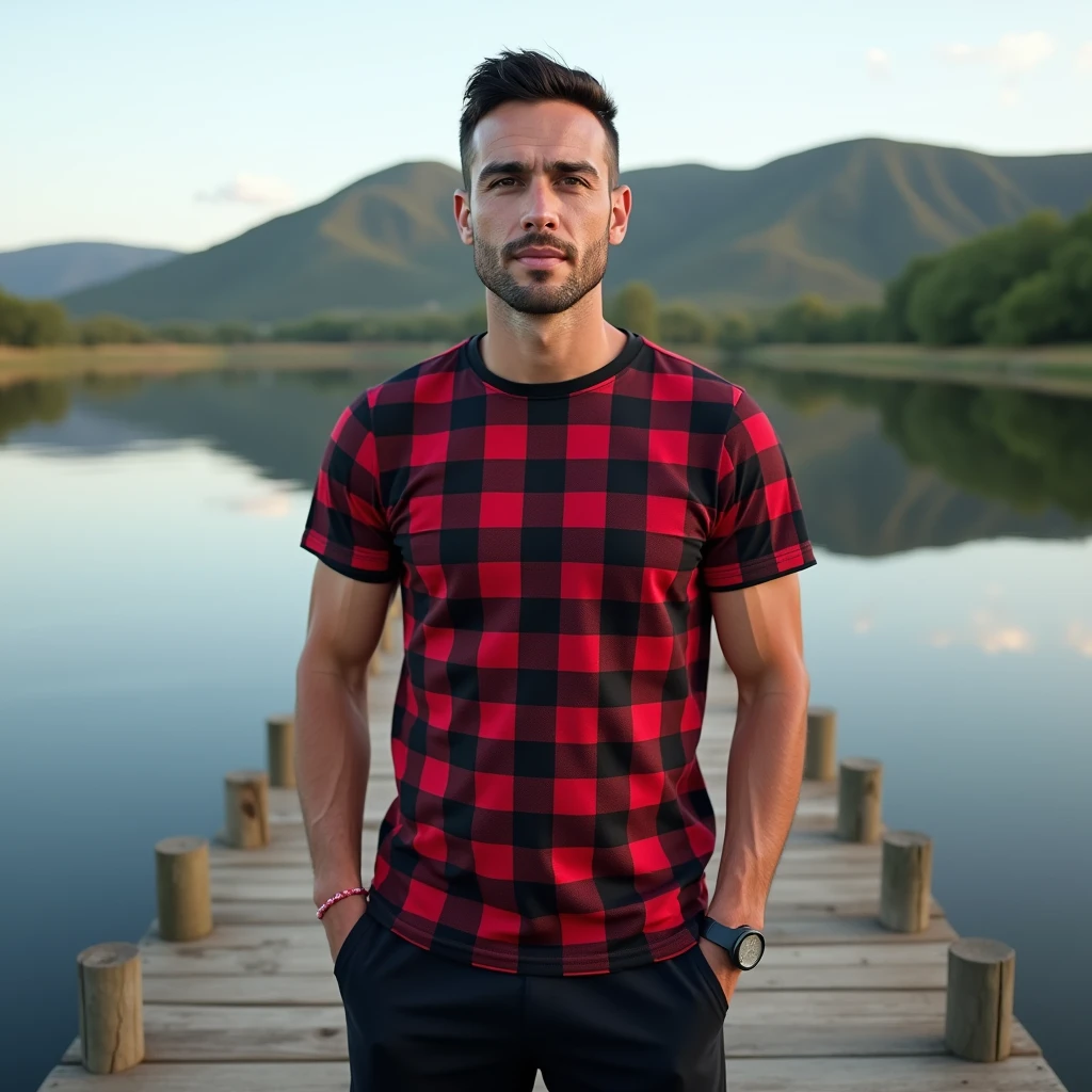 makes image of a white man, at 3, model type, with short dark hair, with clear eyes, wearing a black and red checkered shirt, sports pants, on top of a pier on a lake in Alentejo.
