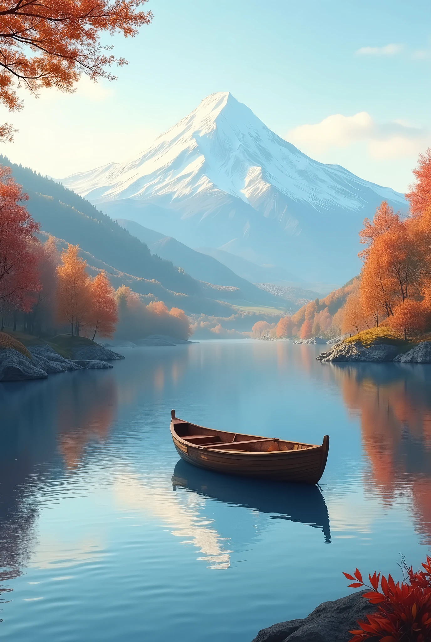 Autumn landscape with a lake in the background with a rowing boat and a high snowy mountain at its top