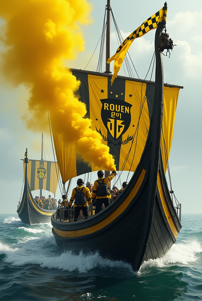 Image illustrations drakkars de viking en bois jaune et noir de supporters de style Ultras hooligans habiller avec une veste noir et jaune. Les supporters sont dans les drakkars avec des fumigènes jaune et noir dans la mains et des drapeaux jaune et noir à damiers dans la mains. Il est inscrit sur la voile du drakkars «ROUEN ON TOUR »