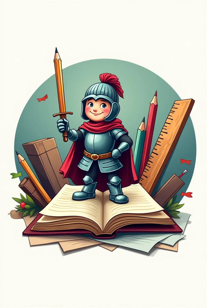 Logo with a round shape and that has a knight holding a pencil as a sword and is standing on top of a book in a smiling manner that in the background has utensils such as pencils, rulers and sheets of paper.