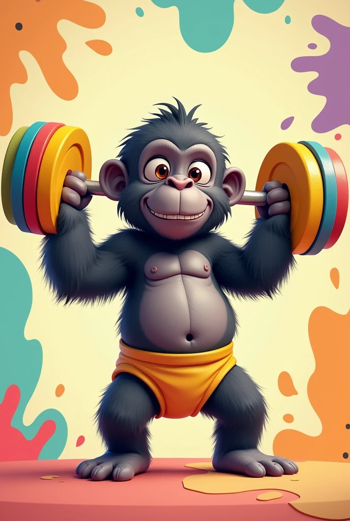 Baby gorilla in diaper with animated dumbbell