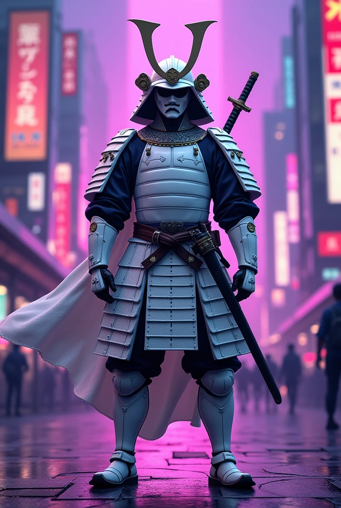 A samurai in white armor in Tokyo with purple cartoon-style lights 