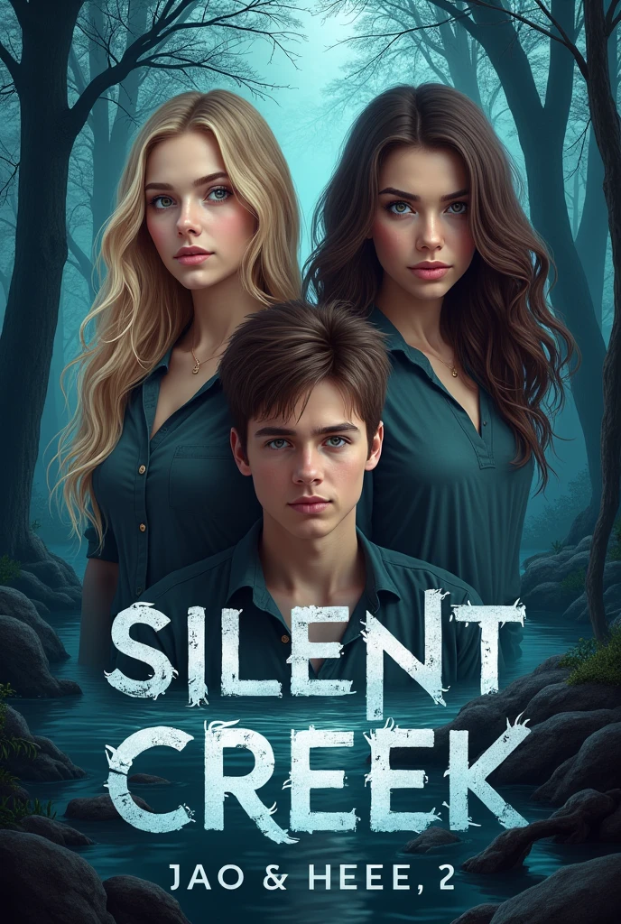 Cover for mystery book titled Silent Creek with two female teenagers on the cover, one with blonde hair and one with brunette hair but both beautiful, and two male teenagers, One strong and athletic and another with a mysterious and intelligent style are 4 teenagers 