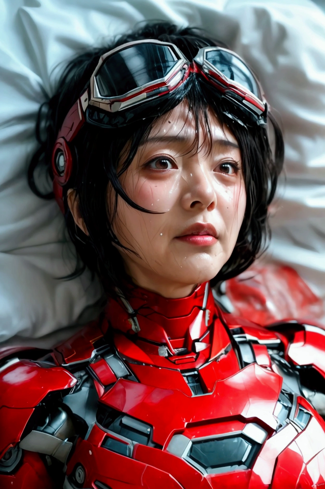Highest quality　8k Red Iron Man Suit Girl　Japanese middle-aged woman　Sweaty face　cute　short hair　boyish　Steam coming out of my head　My hair is wet with sweat　The feel of black hair　Full body portrait　My upper body is soaked　 Airtight headgear　I can see the vagina　Lying in bed
