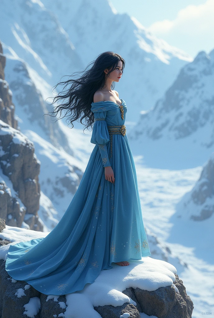 A teenage princess in friu dresses , black hair blue eyes , scared in a mountain top landscape under the snow 