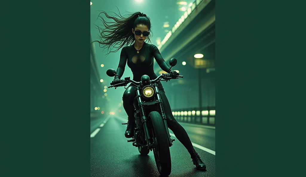 matrix trinity,kung fu,(masterpiece, Best Quality, High resolution, 32K HDR)), (Perfect portrait of trinity00:1.15), (black body suit:1.1, realistic Trinity sunglasses:1.1), Ultra detailed eyes, hyper derailed face, Detailed mouth, Detailed skin texture, (Atmospheric lighting), Shot with Aricum LT camera, (realistic driving the bike:1.2, on the highway:1.1, Huge breasts:1.15),