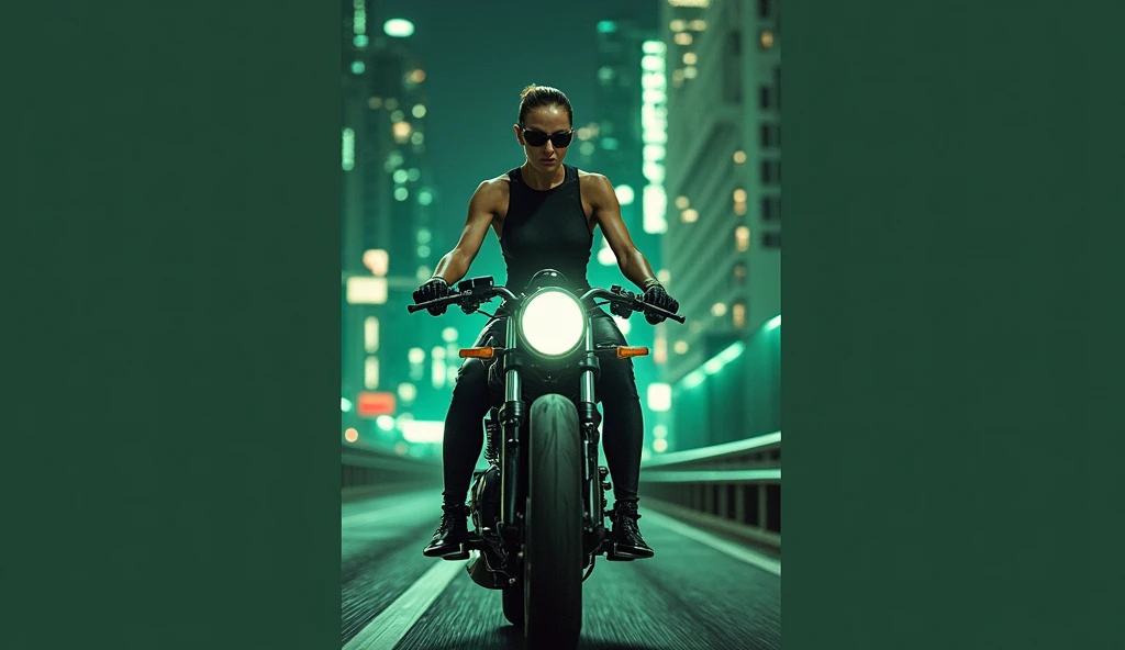 matrix trinity,kung fu,(masterpiece, Best Quality, High resolution, 32K HDR)), (Perfect portrait of trinity00:1.15), (black body suit:1.1, realistic Trinity sunglasses:1.1), Ultra detailed eyes, hyper derailed face, Detailed mouth, Detailed skin texture, (Atmospheric lighting), Shot with Aricum LT camera, (realistic driving the bike:1.2, on the highway:1.1, Huge breasts:1.15),