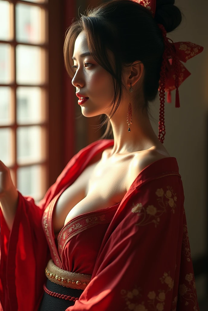 samurai woman, nipples out, breasts out, naked breasts, seins nus visibles, seins en dehors de la tenue ((masterpiece, highest quality, Highest image quality, High resolution, photorealistic, Raw photo, 8K)), ((Extremely detailed CG unified 8k wallpaper)), (huge stunning goddess shot, very hot and sexy, jaw-dropping beauty, perfect proportions, beautiful body, slim body beauty:1.4),
