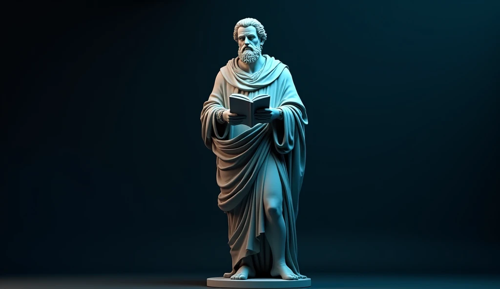 Statue of a Greek philosopher. with book in hand. Maximum quality, 8k, realistic. Dark neutral background, neon blue and black.