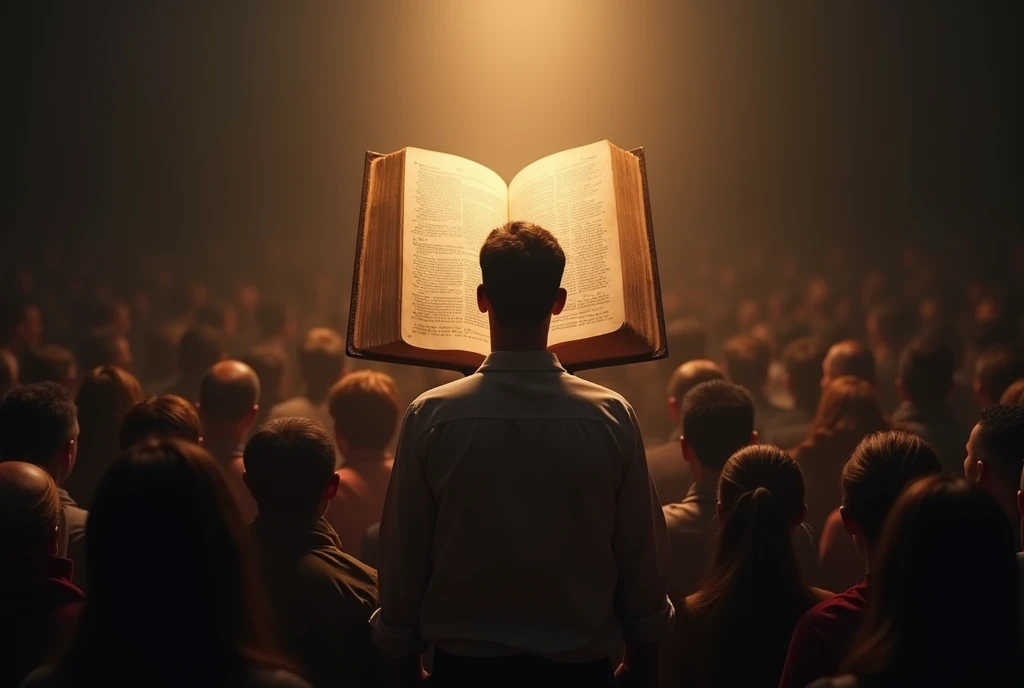 Create an image of an open Bible preaching to many people, symbolizing the search for truth. A Man is Reflecting on the Side of the Bible, Demonstrating Introspection about the Faith. best quality, master part, High, 1 dragon,blush, Tyndall effect,Photorealistic, dark studio, rim lighting, two-tone lighting,(highly detailed skin:1.2), 8k hd, DSLR, soft lighting, high quality, volumetric lighting, candid, photography, High resolution, 4K, Bokeh