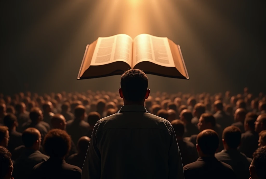 Create an image of an open Bible preaching to many people, symbolizing the search for truth. A Man is Reflecting on the Side of the Bible, Demonstrating Introspection about the Faith. best quality, master part, High, 1 dragon,blush, Tyndall effect,Photorealistic, dark studio, rim lighting, two-tone lighting,(highly detailed skin:1.2), 8k hd, DSLR, soft lighting, high quality, volumetric lighting, candid, photography, High resolution, 4K, Bokeh
