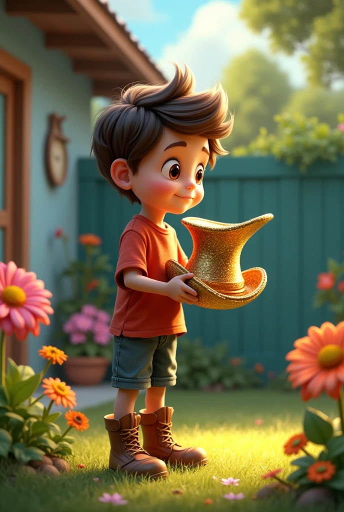 Leo in Backyard with Magical Hat: Leo stands in his backyard, holding a shiny, ornate hat with a look of wonder on his face. The backyard is filled with vibrant flowers and a few scattered toys.