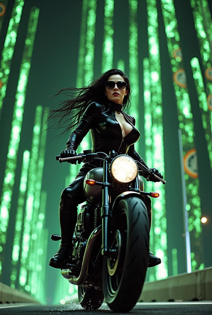 matrix trinity,kung fu,(masterpiece, Best Quality, High resolution, 32K HDR)), (Perfect portrait of trinity00:1.15), (black body suit:1.1, realistic Trinity sunglasses:1.1), Ultra detailed eyes, hyper derailed face, Detailed mouth, Detailed skin texture, (Atmospheric lighting), Shot with Aricum LT camera, (realistic driving the bike:1.2, on the highway:1.1, Huge breasts:1.15),