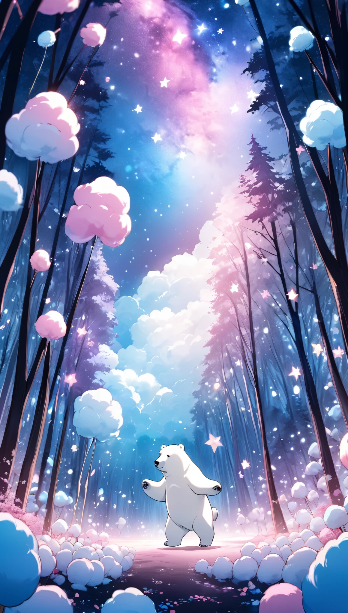 night with many stars surrounded by cotton candy, cotton candy forest,
a polar bear dancing alone, anime style