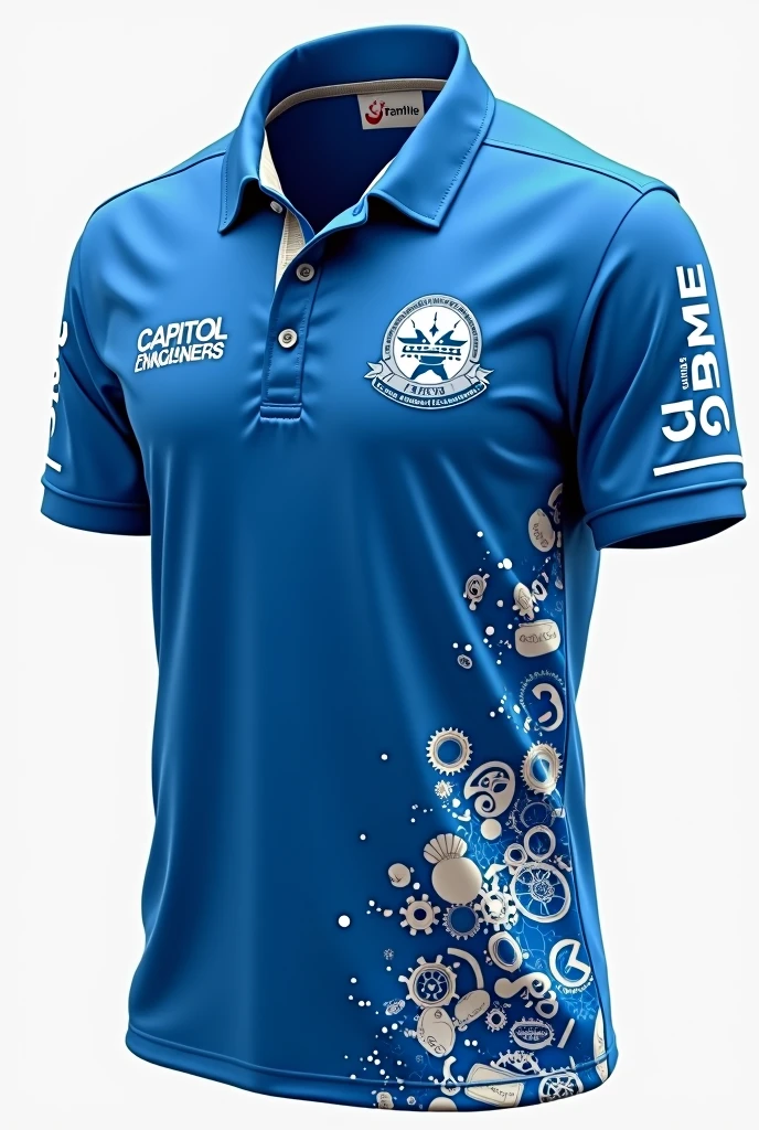 Make me a design of a poloshirt for mechanical engineering students with blue theme, right a caption at the back JUNIOR PHILIPPINE SOCEITY OF MECHANICAK ENGINEERS CAPITOL UNIVERSITY, put a family name as well and place it in a right place of the polo shirt, show the front, back and the side biews of the shirt, show the symbols as well
