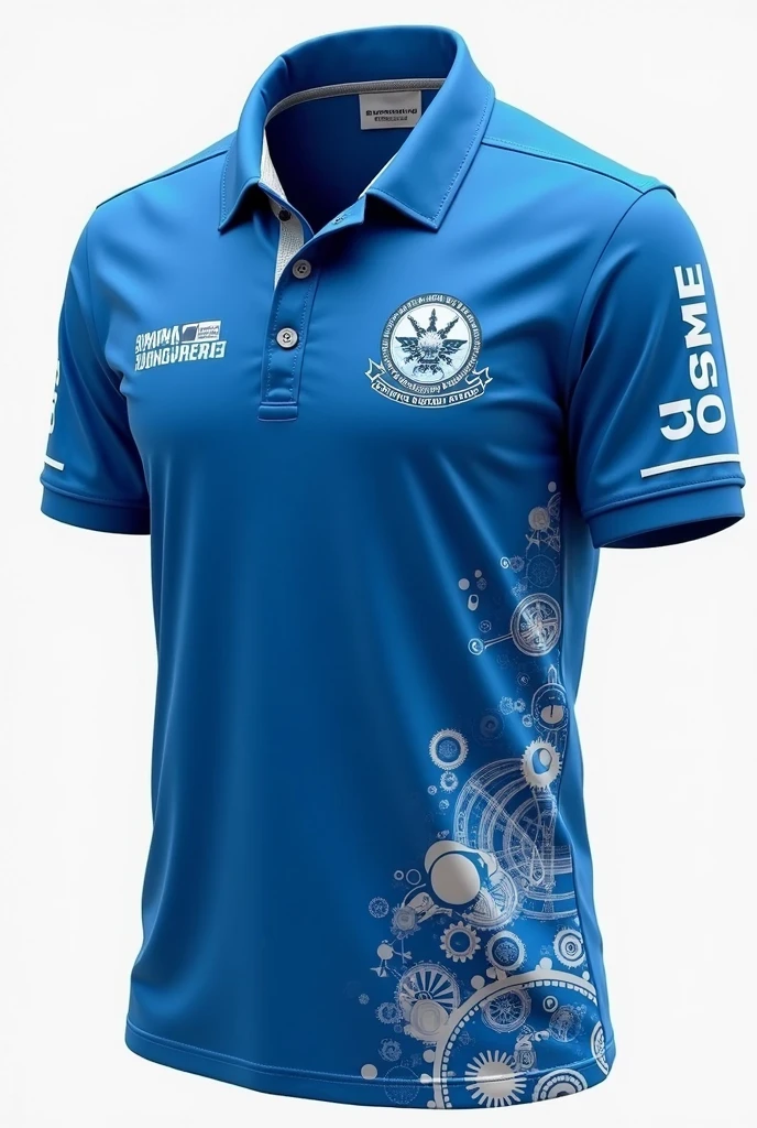 Make me a design of a poloshirt for mechanical engineering students with blue theme, right a caption at the back JUNIOR PHILIPPINE SOCEITY OF MECHANICAK ENGINEERS CAPITOL UNIVERSITY, put a family name as well and place it in a right place of the polo shirt, show the front, back and the side biews of the shirt, show the symbols as well

