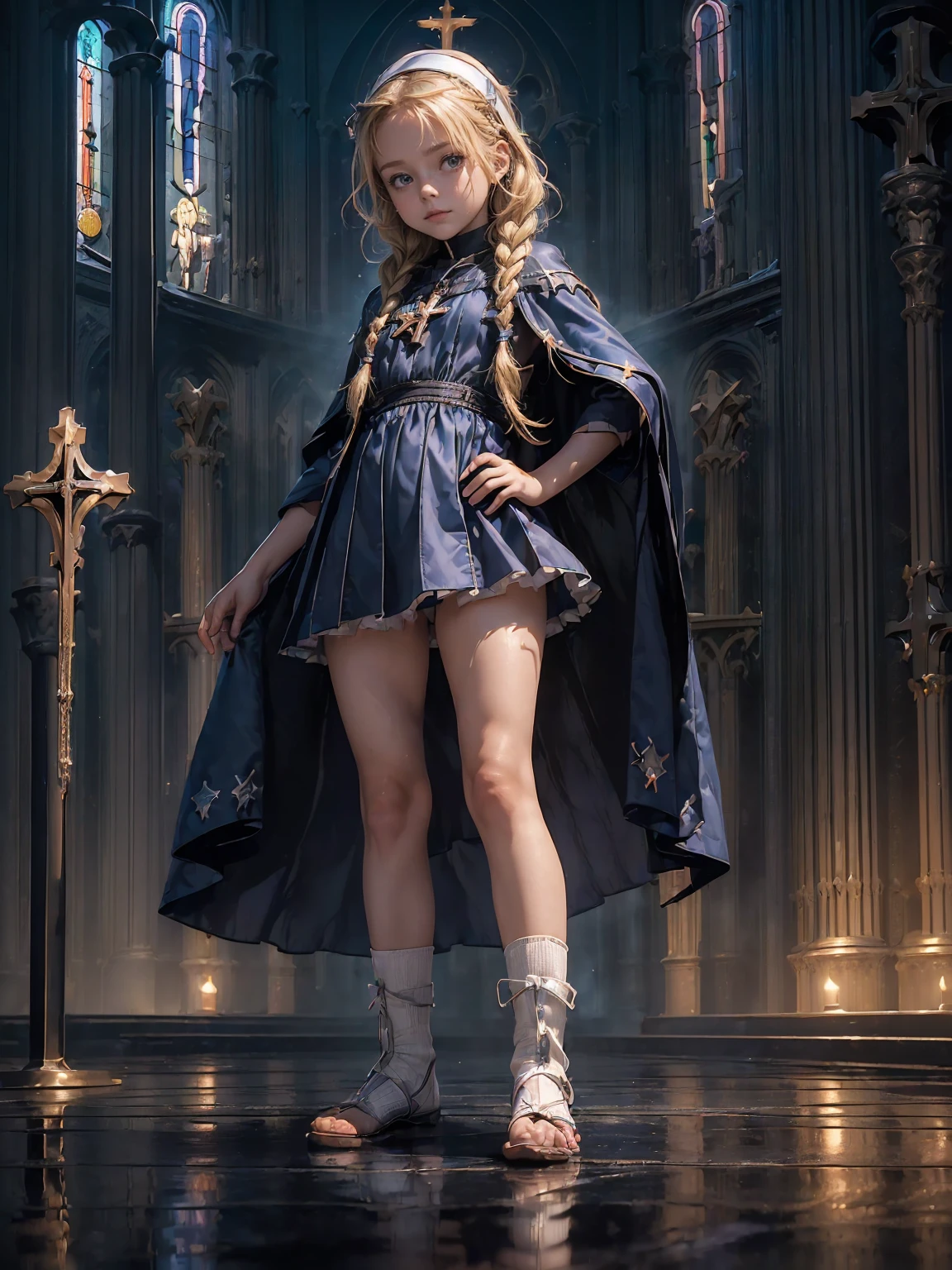 (((Midnight inside the
cathedral:1.4))), masterpiece, best quality, ultra-detailed, high resolution, extremely detailed cg, 8k, beautiful detailed eyes, depth of field, perfect anatomy, super detailed skin, cinematic lighting, dynamic lighting, anime picture, shiny hair and skin, detailed outfit, 【break】, ((cowboy shot, looking down , standing, sexy poes:1.3)), (((a 1girl is , child, little young girl age8, soro:1.6))), ((afterglow)), (((blonde hair, Braided hair:1.3))), (beautiful detailed blue eyes), white-skinned, (((child short stature, child body shape, young face, cute face, small breasts, slim:1.4))), , ((Pure white silk, one-piece )), ((blue mini skirtt:1.4)), ((White knee-high stockings:1.2)),