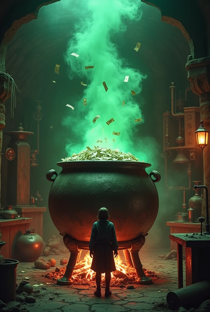 Imagine an aged metal cauldron, placed on a crackling fire in a sorcerer's apprentice laboratory. The cauldron is overflowing with blood-stained bills, which cascade around him. Thick green smoke is rising from the cauldron above which one can read : The recipe for a million. The whole thing is bathed in a subdued and mysterious light., adding a touch of adventure and darkness to the scene.