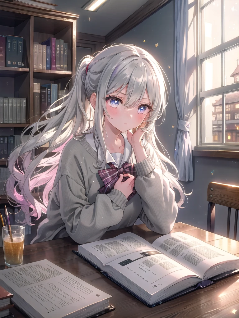 ((8k, Highest quality, masterpiece: 1.3)),Ultra-high resolution,(1 girl, alone), (Color changing eyes, Ultra-detailed, Expressive brilliance, Glitter, Glowing Eyes), Highly detailed eyes, Highly detailed face, Random Hair, ((pastel colour)),The girl is sitting at a large wooden table in the school library, surrounded by stacks of books and notes. She’s wearing a simple, light gray sweater over a white blouse, paired with a plaid skirt. Her long, straight hair is tied back into a loose ponytail, with a few strands falling into her eyes as she leans over her notebook, writing diligently. Her expression is serious and focused, her brow furrowed in concentration. The library is quiet, with rows of bookshelves stretching into the distance, and the soft rustling of pages being turned is the only sound. The afternoon light filters through the large windows, creating a calm and studious atmosphere. (afternoon light, casual school outfit, focused expression, library scene)
