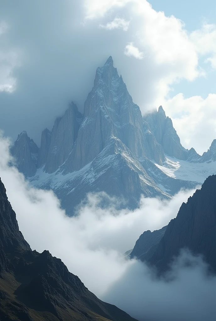 The jagged peaks of a mountain range are partially obscured by thick, swirling clouds. The clouds drift slowly around the summits, giving the mountains an ethereal, otherworldly appearance.
